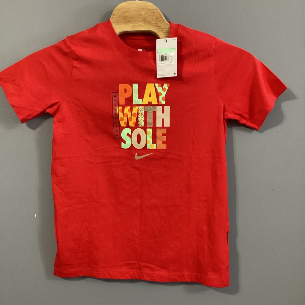 Kids Nike Red Play With Sole Graphic Tee Shirt Size XL FV5343-657